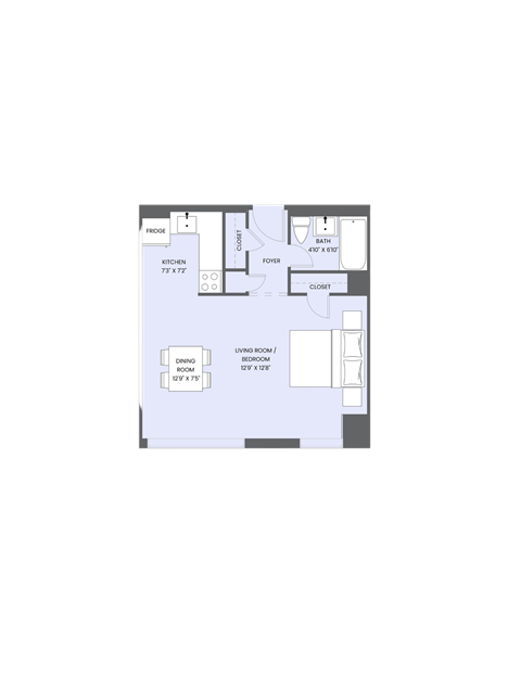 A floor plan of a house with a kitchen, living room, dining room, and bathroom.